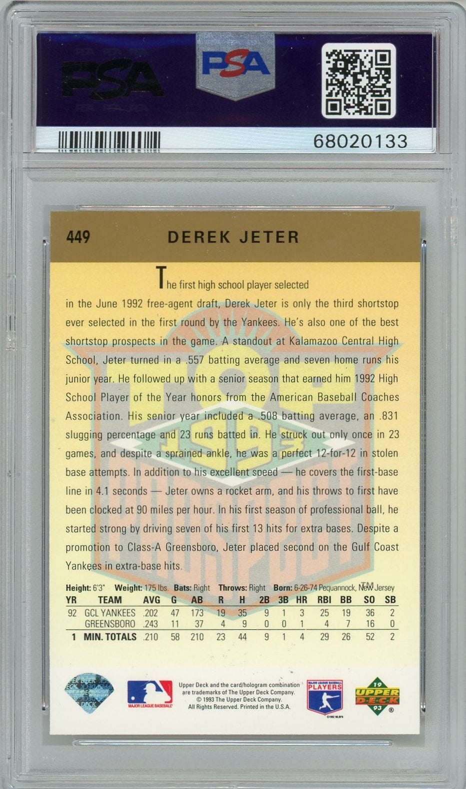 Derek Jeter 1993 Upper Deck Top Prospect PSA 8