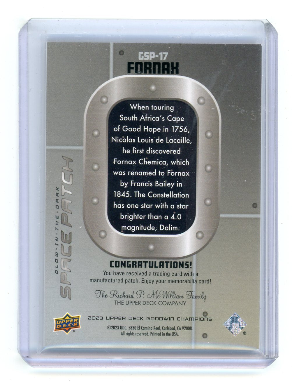 Fornax 2023 Upper Deck Goodwin Champions Glow-in-the-Dark Space Patch Tier 1 SP #GSP-17