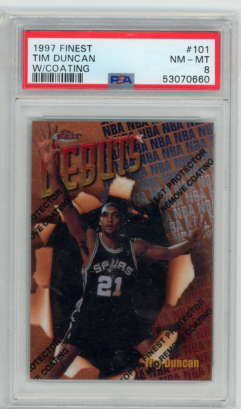 Tim Duncan 1997 Topps Finest W/ Coating PSA 8