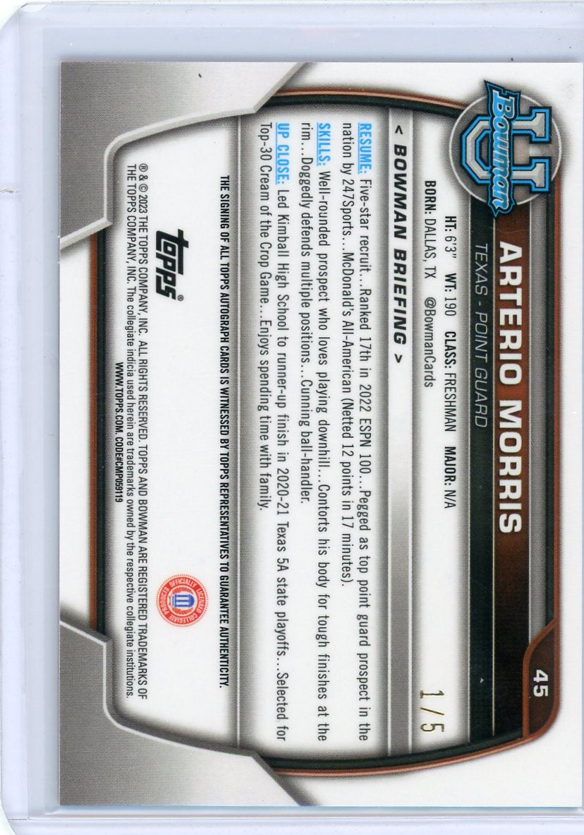 Arterio Morris 2023 Bowman Chrome University Red Shimmer 1st Auto #'d 1/5