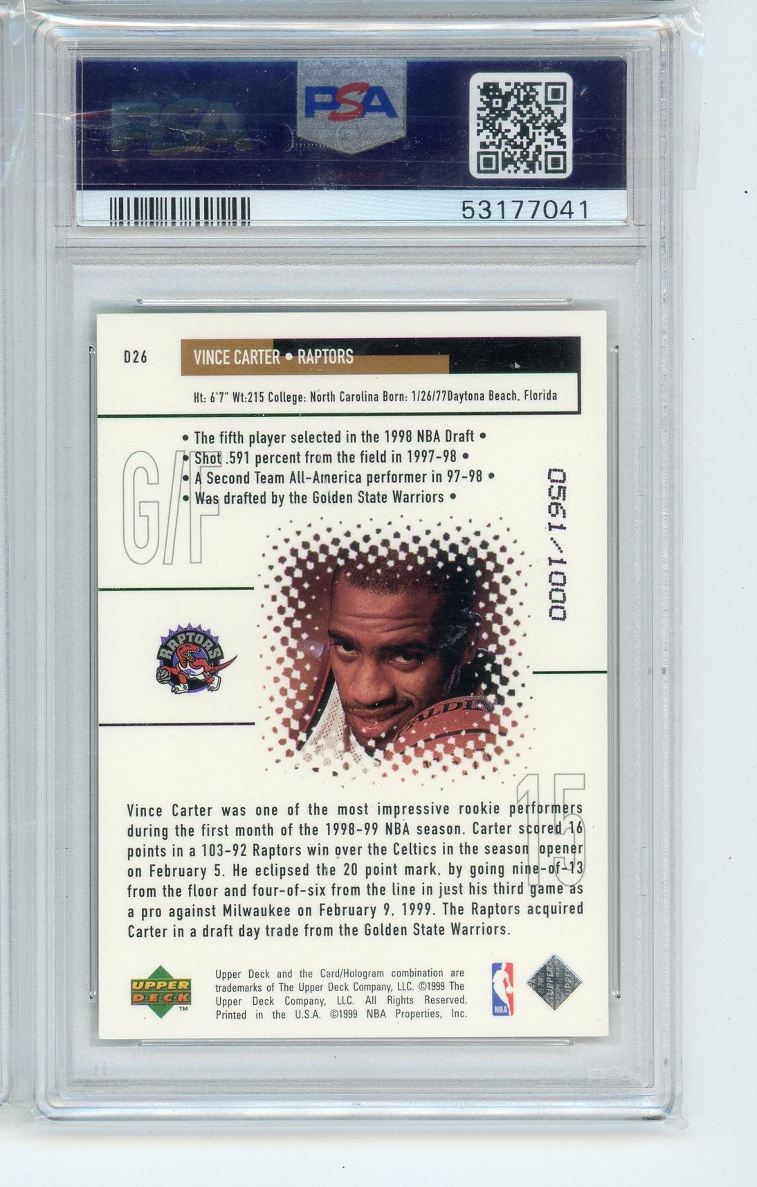 Vince Carter 1998 Upper Deck Black Diamond Dominance PSA 8
