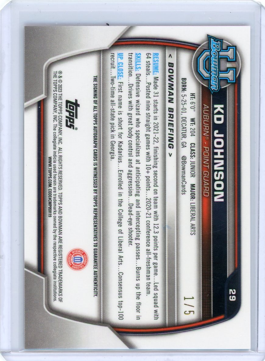 KD Johnson 2023 Bowman Chrome University Red Refractor 1st Auto #'d 1/5