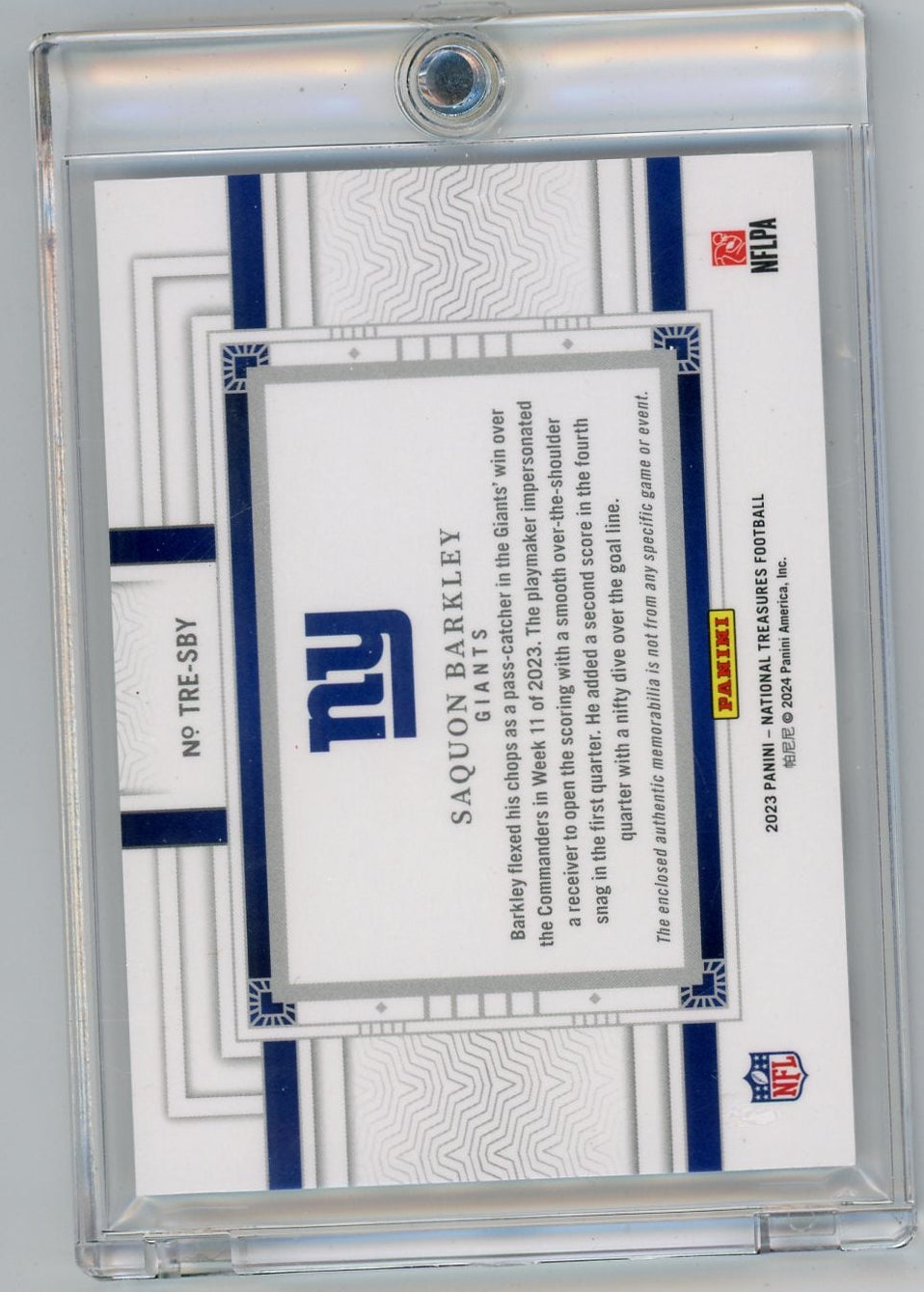 Saquon Barkley 2023 Panini National Treasures Tremendous Treasures Jersey Relic Holo Silver #'d 12/25