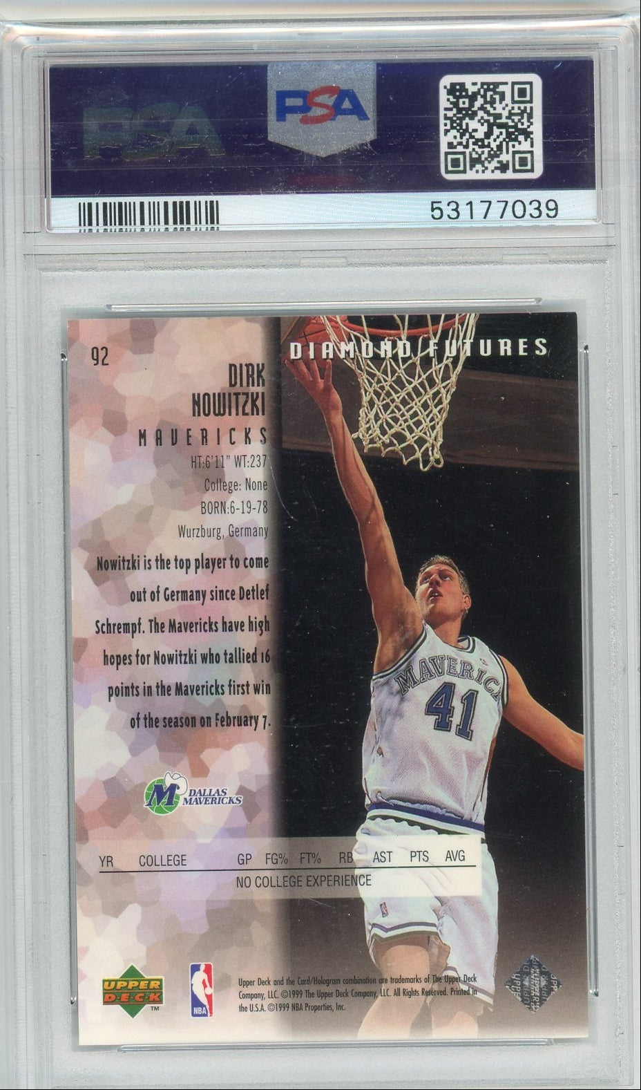 Dirk Nowitzki 1998 Upper Deck Black Diamond Single PSA 8