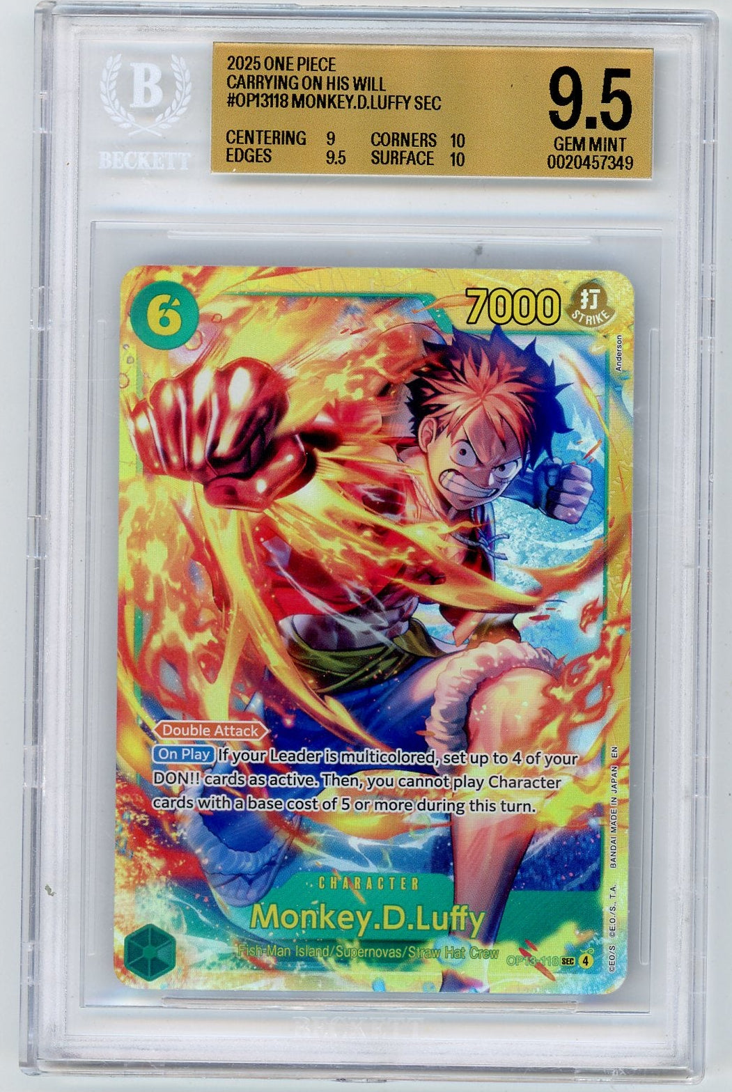 Monkey.D.Luffy One Piece Carrying On His Will OP13-118 SEC BGS 9.5