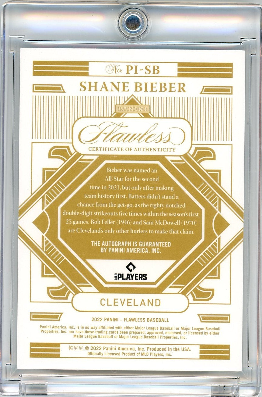 Shane Bieber 2022 Panini Flawless Premium Ink Platinum 1/1