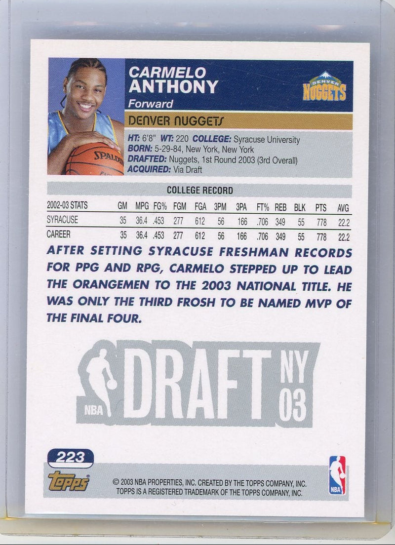 Carmelo Anthony 2003 Topps Draft Pick rookie card