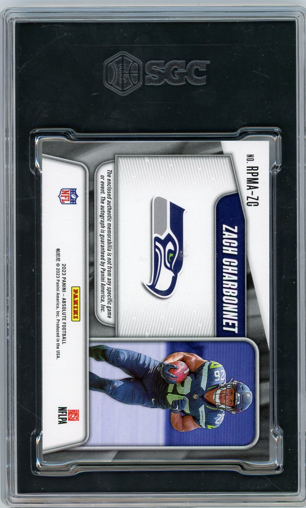 Zach Charbonnet 2023 Panini Absolute Rookie Premier Quad Materials Auto RC #'d 135/199 SGC 8.5 Auto 10