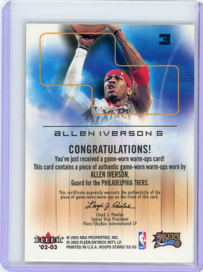 Allen Iverson 2002-03 Fleer NBA Hoops Stars Rare Air game-worn warm-up relic