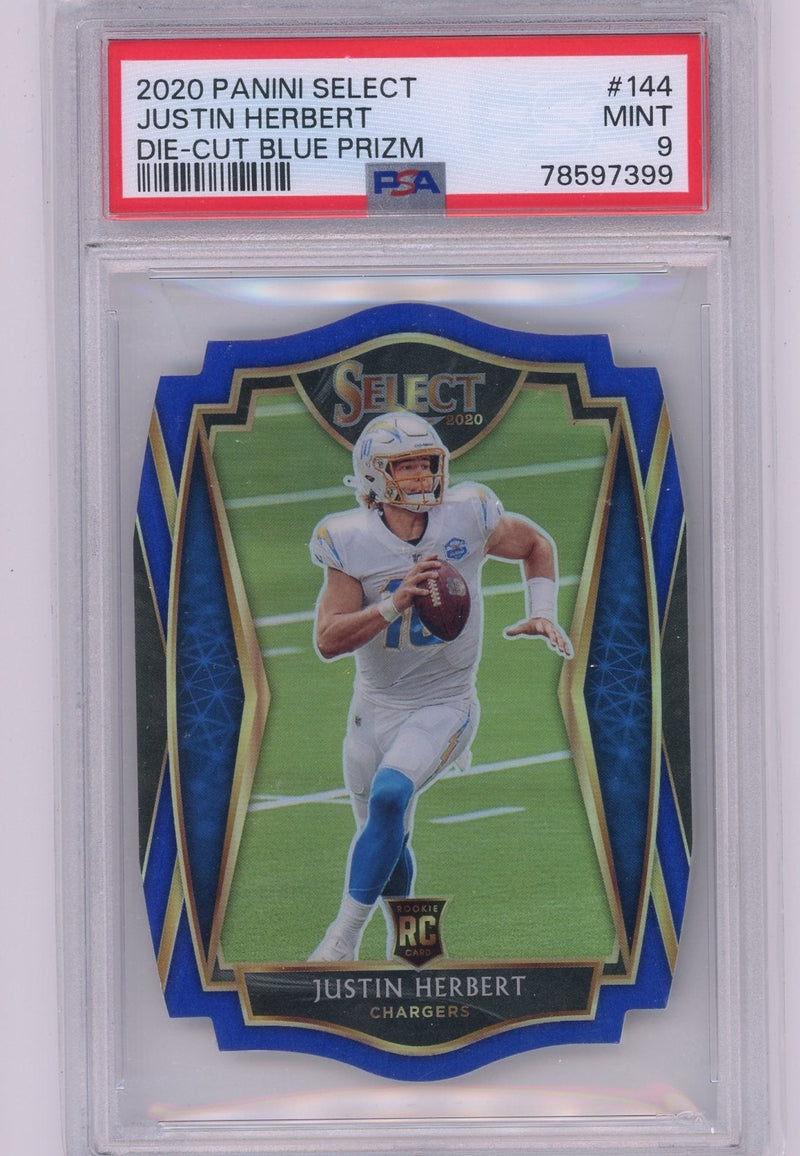 Justin Herbert 2020 Panini Select die-cut blue prizm rookie card PSA 9