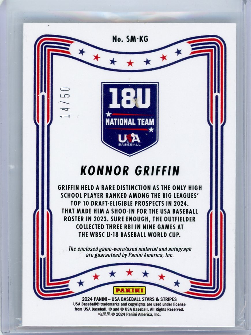 Konnor Griffin 2024 Panini USA Baseball Stars & Stripes Signature Materials Black Gold Relic Auto #'d 14/50