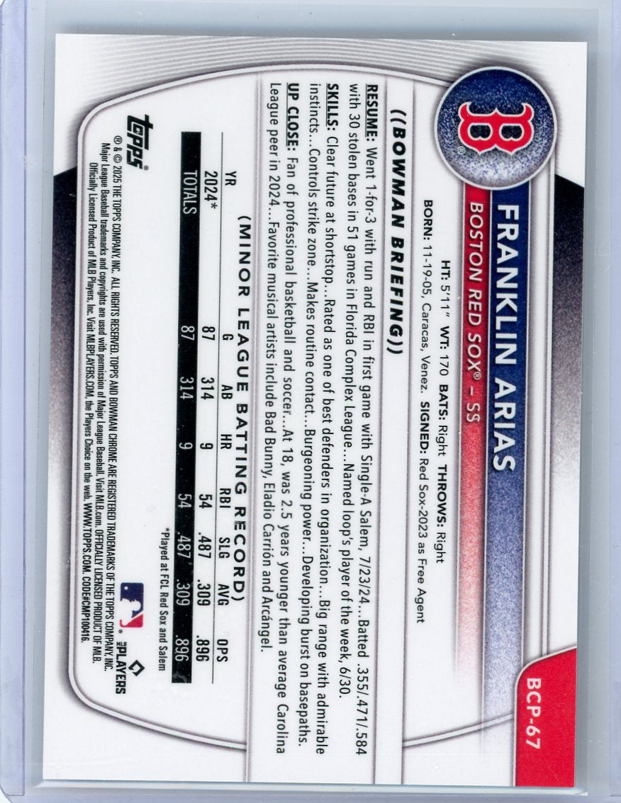 Franklin Arias 2025 Bowman Chrome Prospects 1st Bowman Gold Refractor #'d 32/50