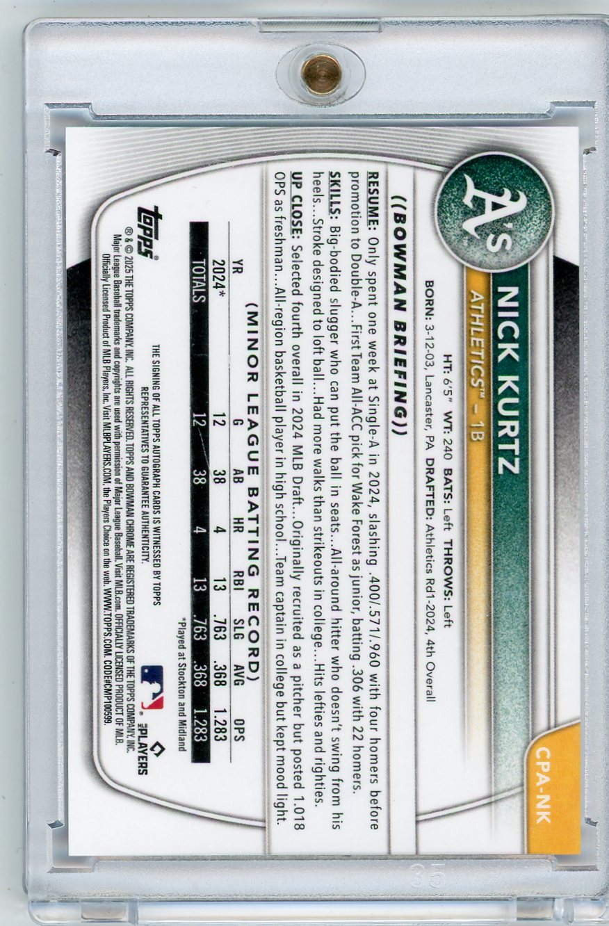 Nick Kurtz 2025 Bowman Chrome Prospects Auto Purple Refractor #'d 248/250