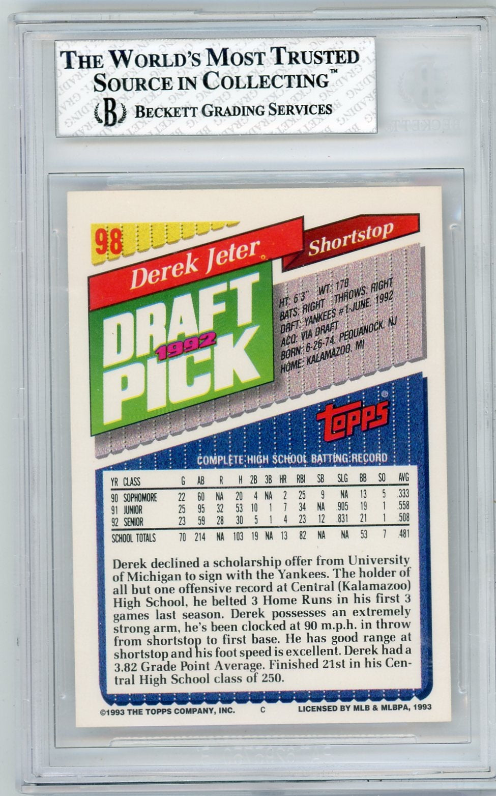 Derek Jeter 1993 Topps Draft Pick BGS 8