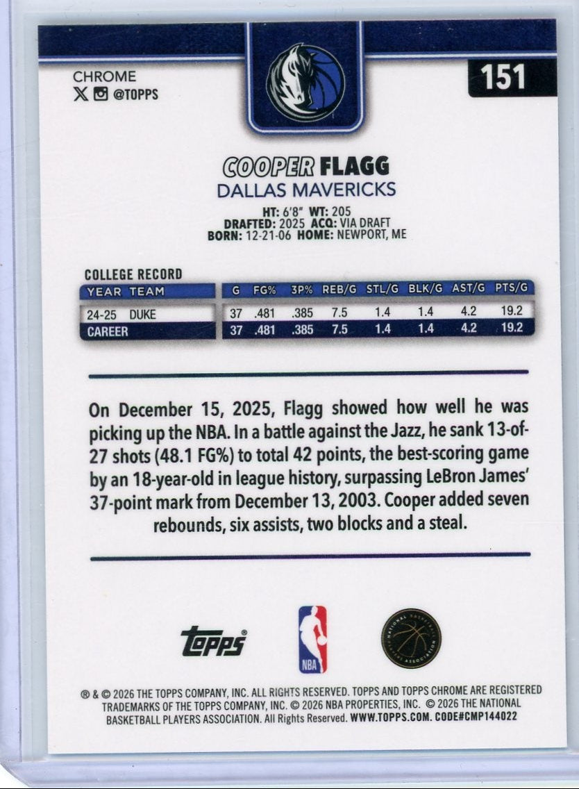 Cooper Flagg 2025-26 Topps Chrome Update X-Fractor Refractor RC