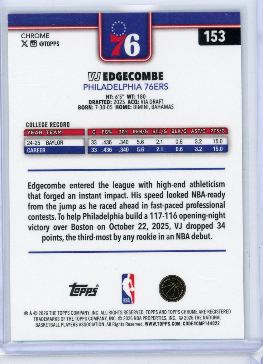 VJ Edgecombe 2025-26 Topps Chrome Update Skylight Refractor RC