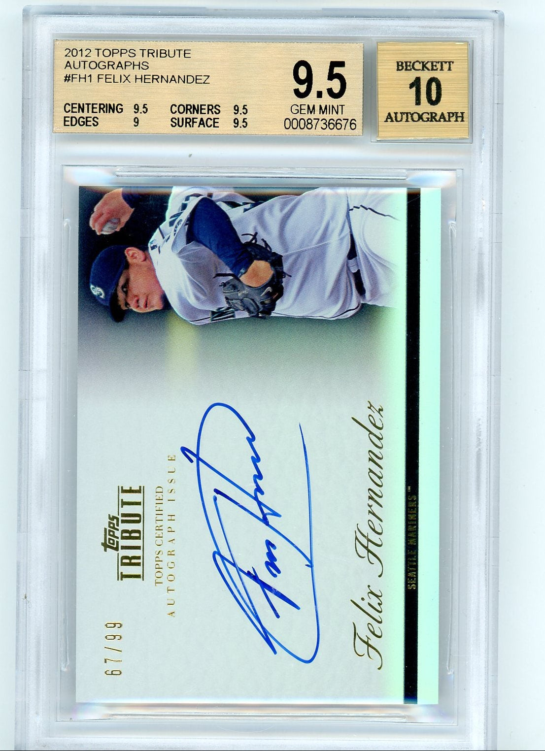 Felix Hernandez 2012 Topps Tribute Autographs #'d 67/99 BGS 9.5/Auto 10