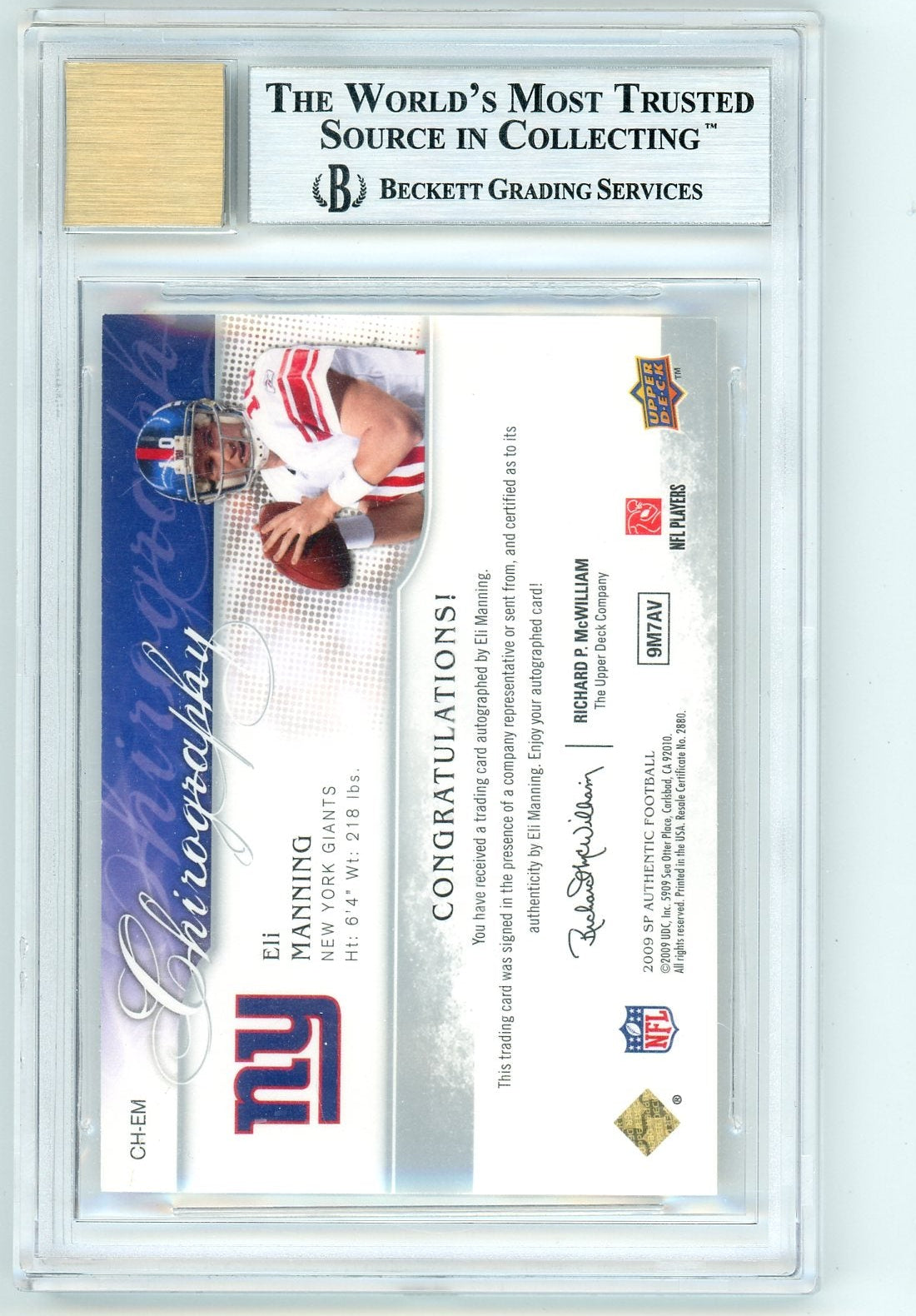 Eli Manning 2009 Upper Deck SP Authentic Chirography Autograph BGS 9/Auto 10