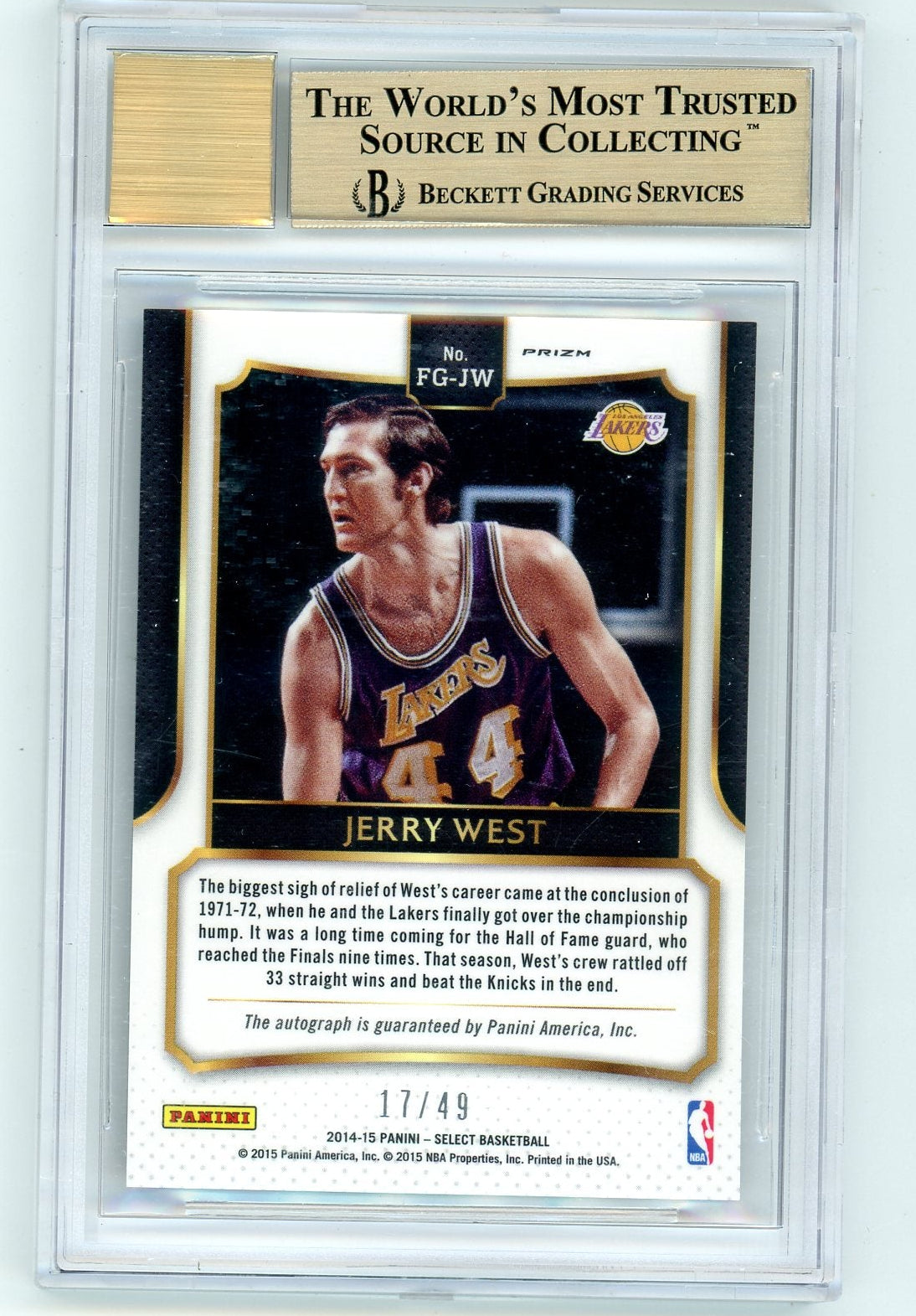 Jerry West 2014-15 Panini Select Fame Game Autographs Copper Prizm #'d 17/49 BGS 9.5/Auto 10