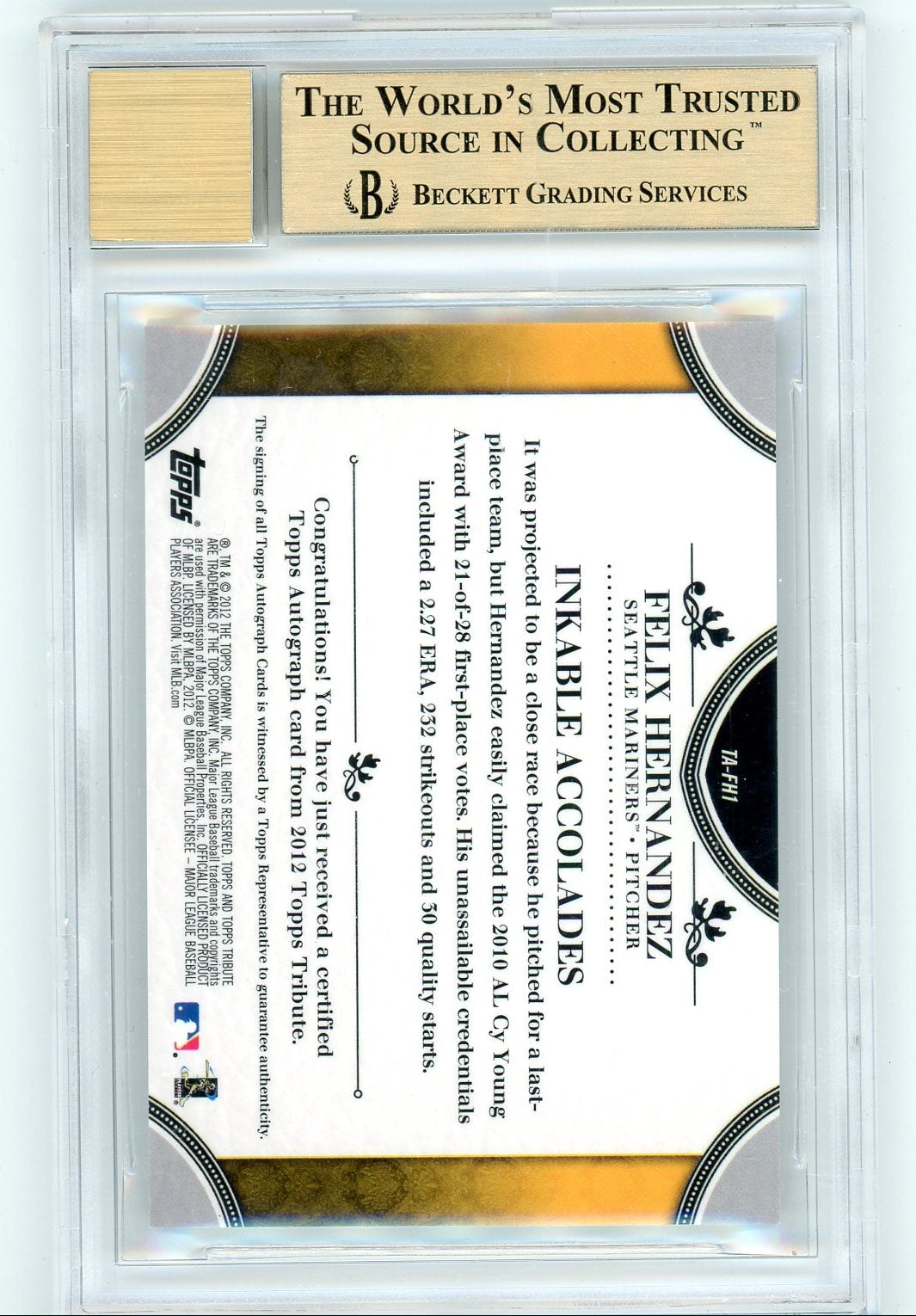 Felix Hernandez 2012 Topps Tribute Autographs #'d 67/99 BGS 9.5/Auto 10