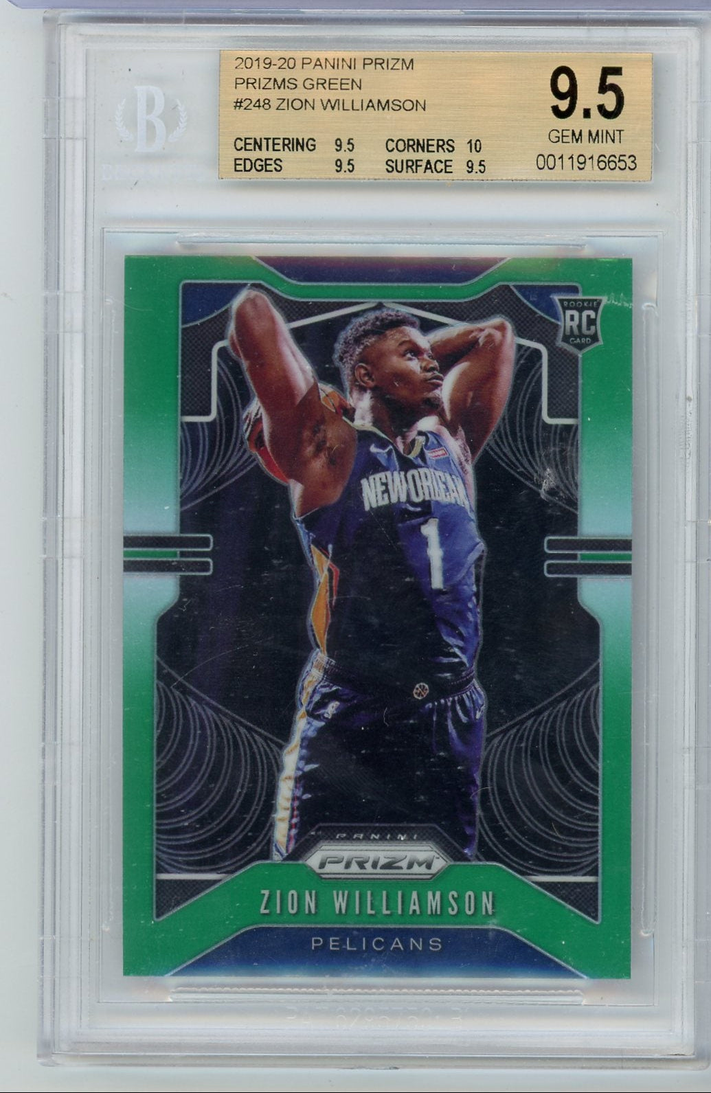 Zion Williamson 2019-20 Panini Prizm green prizm RC BGS 9.5