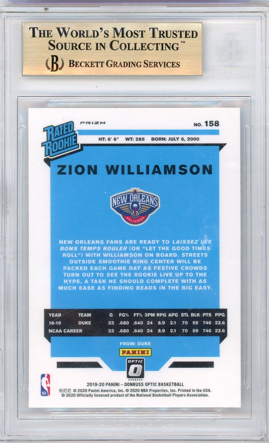 Zion Williamson 2019-20 Panini Donruss Optic silver holo RC BGS 9.5