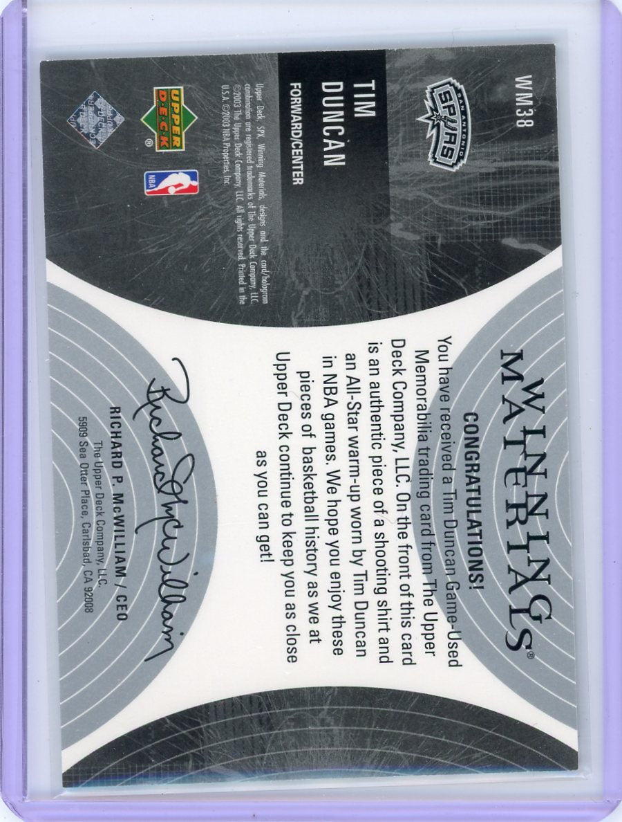 Tim Duncan 2003 Upper Deck SPx Winning Materials shooting shirt & warm-up dual relic