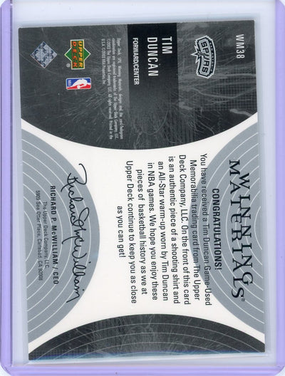 Tim Duncan 2003 Upper Deck SPx Winning Materials shooting shirt & warm-up dual relic