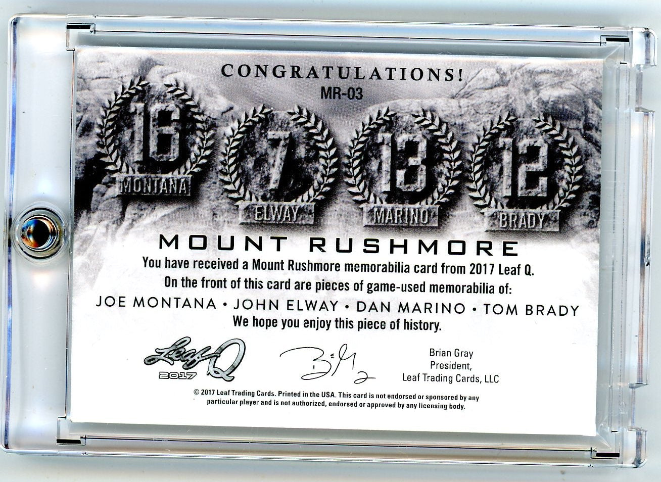 Joe Montana/John Elway/Dan Marino/Tom Brady 2017 Leaf Q Mount Rushmore #'d 3/9