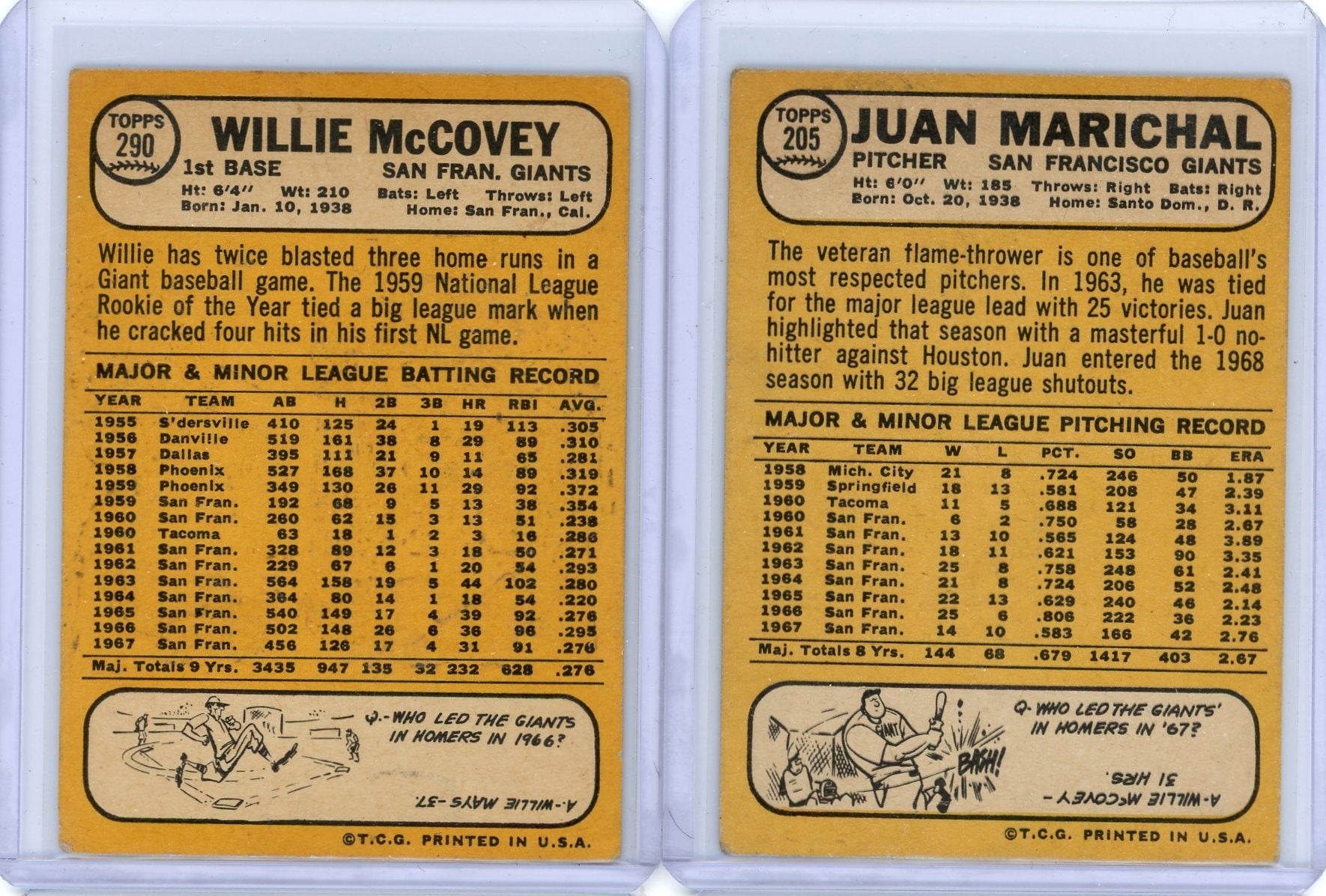 Juan Marichal Willie McCovey 1968 Topps 2-card lot