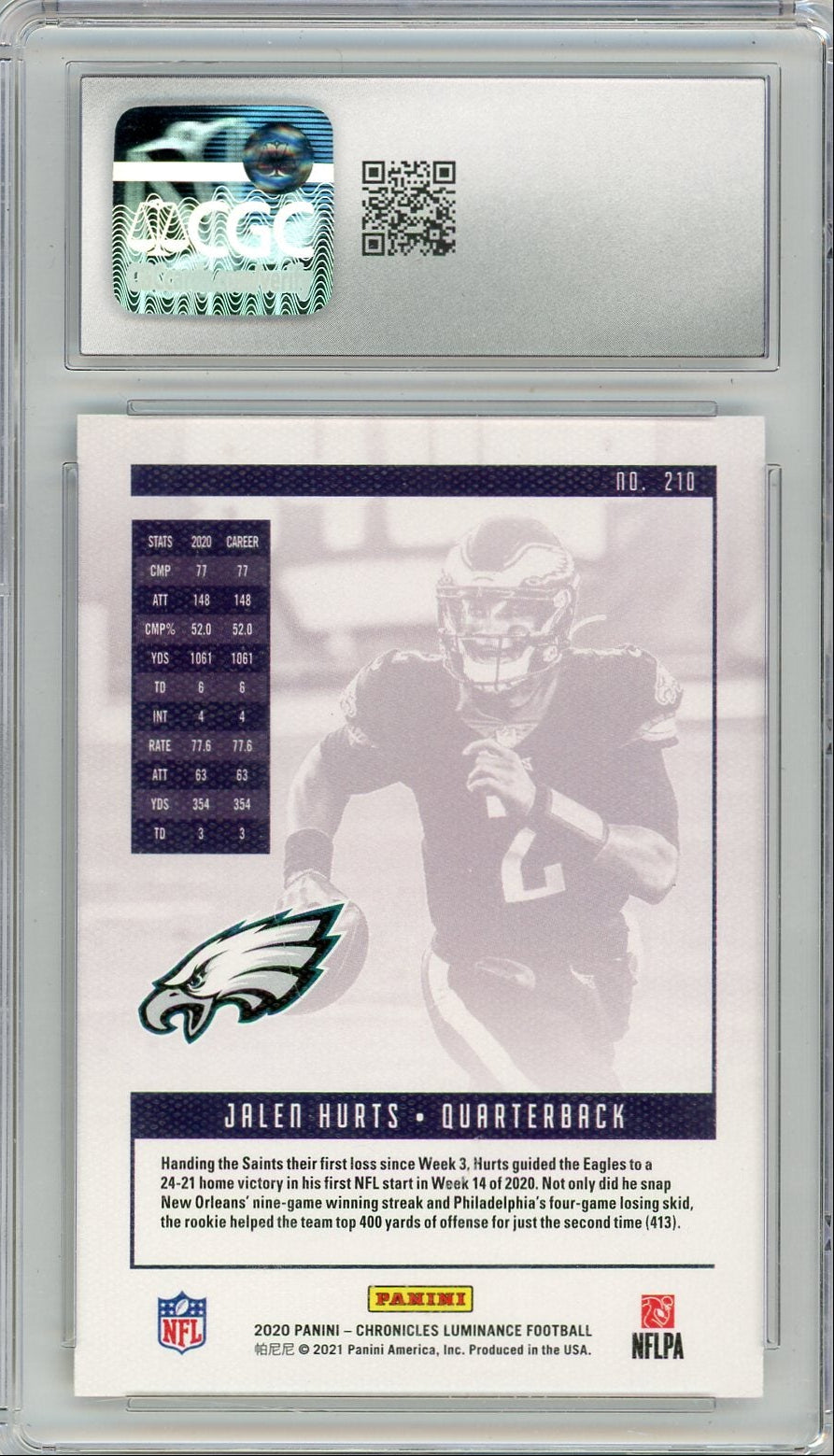 Jalen Hurts 2020 Chronicles Luminance RC CGC 10