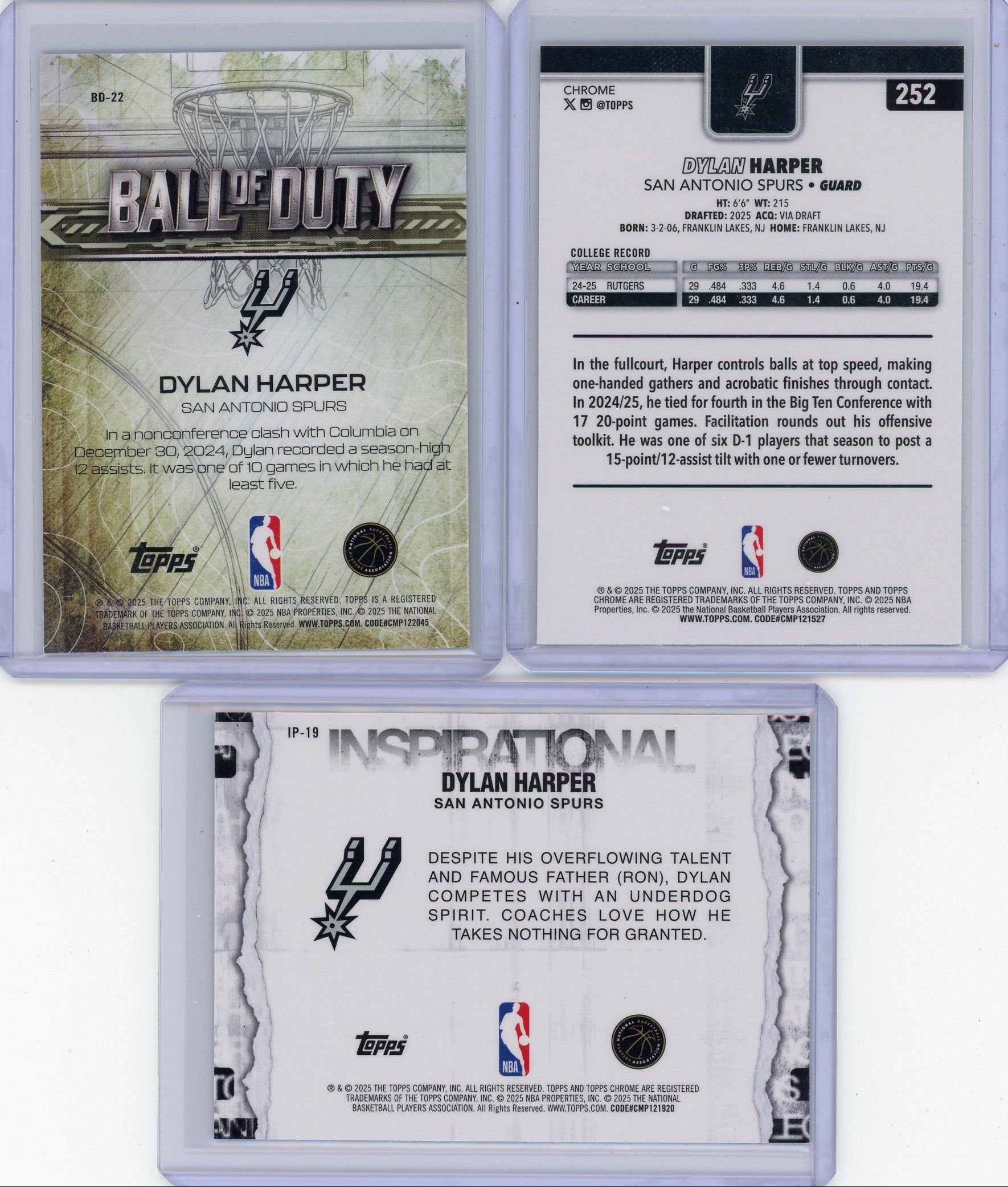 Dylan Harper 2025-26 Topps Chrome 3-card rookie card