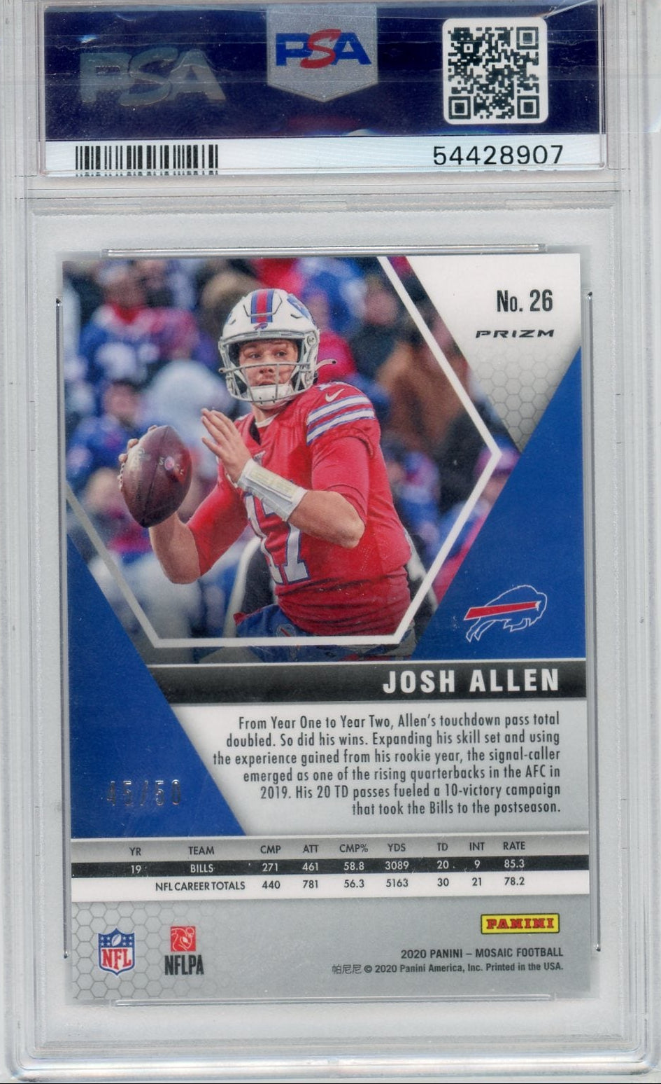 Josh Allen 2020 Panini Mosaic No Huddle Purple #'d 45/50 PSA 10
