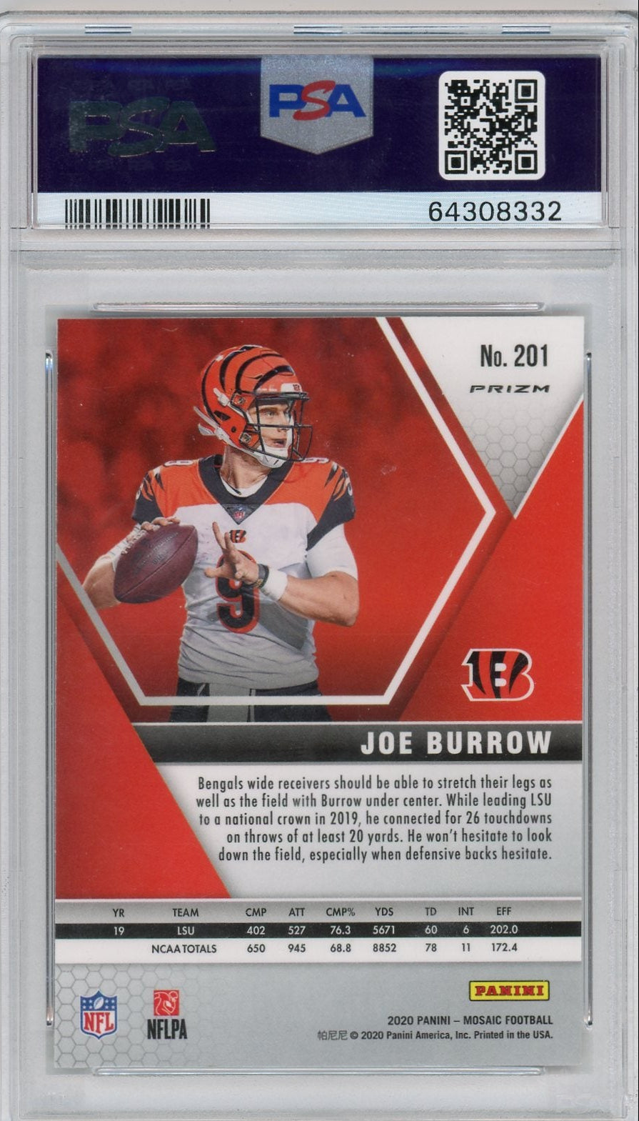 Joe Burrow 2020 Panini Mosaic Reactive Orange Prizm RC PSA 10