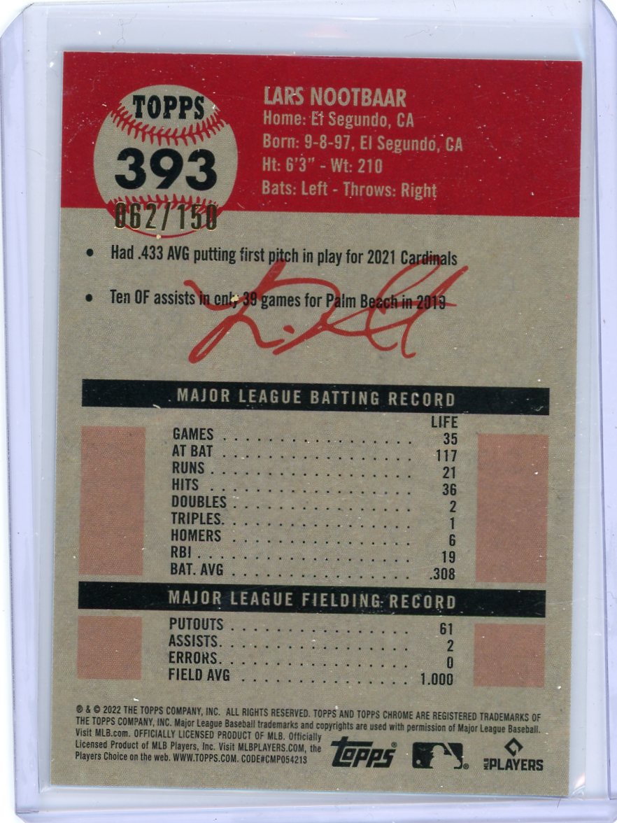 Lars Nootbaar 2022 Topps Chrome Platinum mini diamond rookie card #'d 062/150