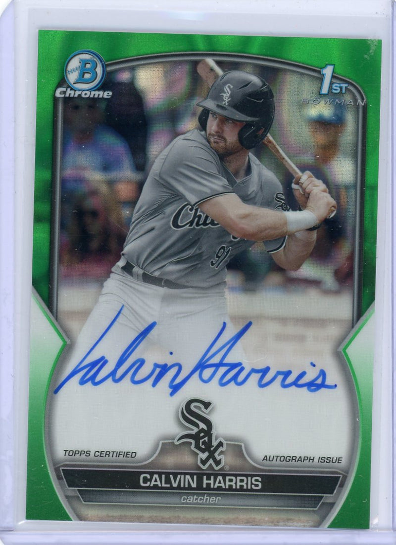 Calvin Harris 2023 1st Bowman Chrome Draft green lava refractor autograph 