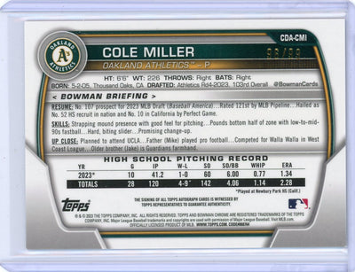 Cole Miller 2023 1st Bowman Chrome Draft green refractor autograph #'d 96/99