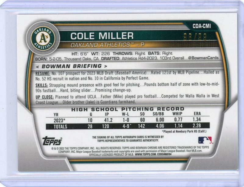 Cole Miller 2023 1st Bowman Chrome Draft green refractor autograph 