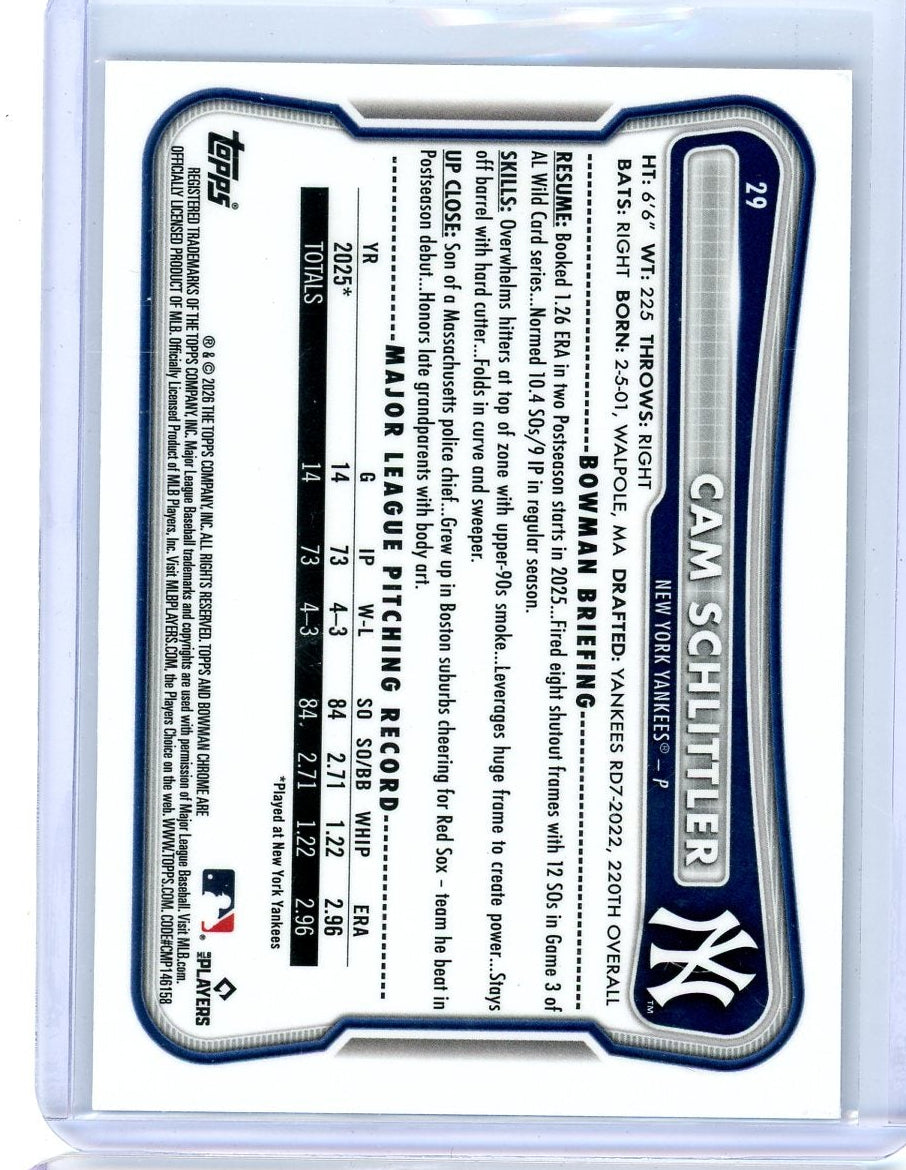 Cam Schlittler 2026 Bowman Chrome Rookie Red Shield Refractor