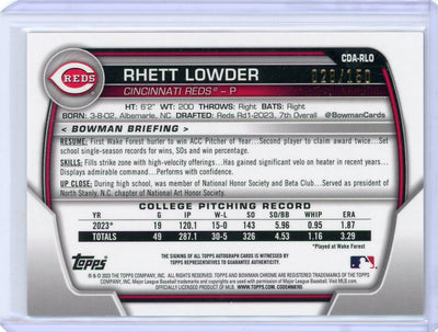 Rhett Lowder 2023 1st Bowman Draft Chrome mojo refractor autograph #'d 028/150