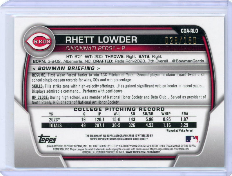 Rhett Lowder 2023 1st Bowman Draft Chrome mojo refractor autograph 