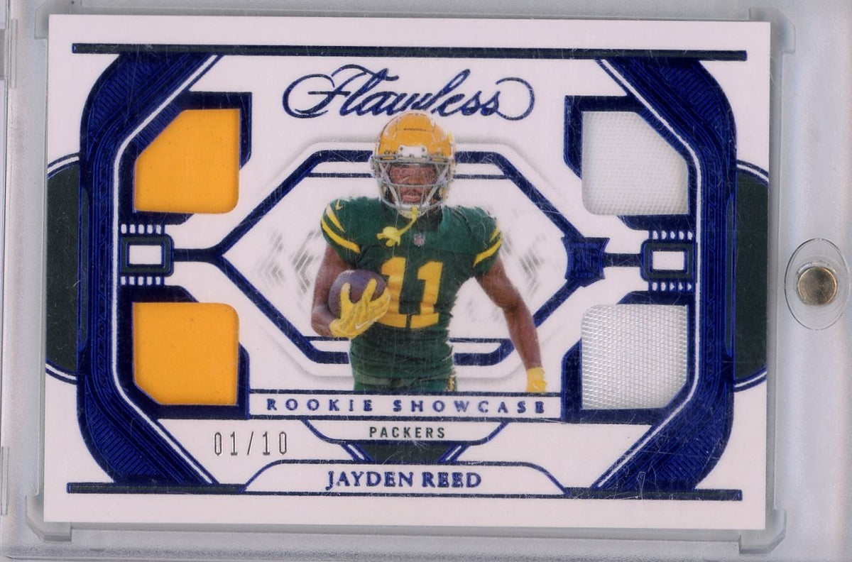 Jayden Reed 2023 Panini Flawless Football Rookie Showcase Patch Sapphire #'d 01/10