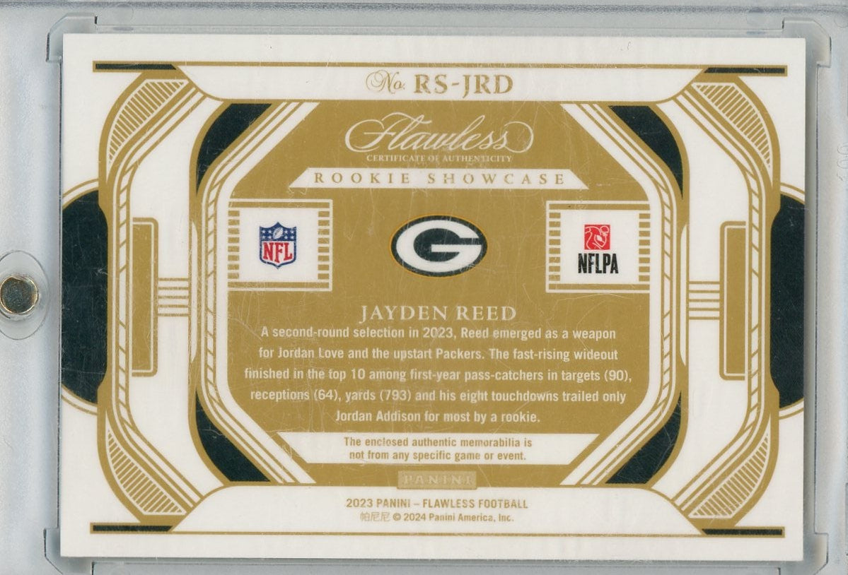 Jayden Reed 2023 Panini Flawless Football Rookie Showcase Patch Sapphire #'d 01/10