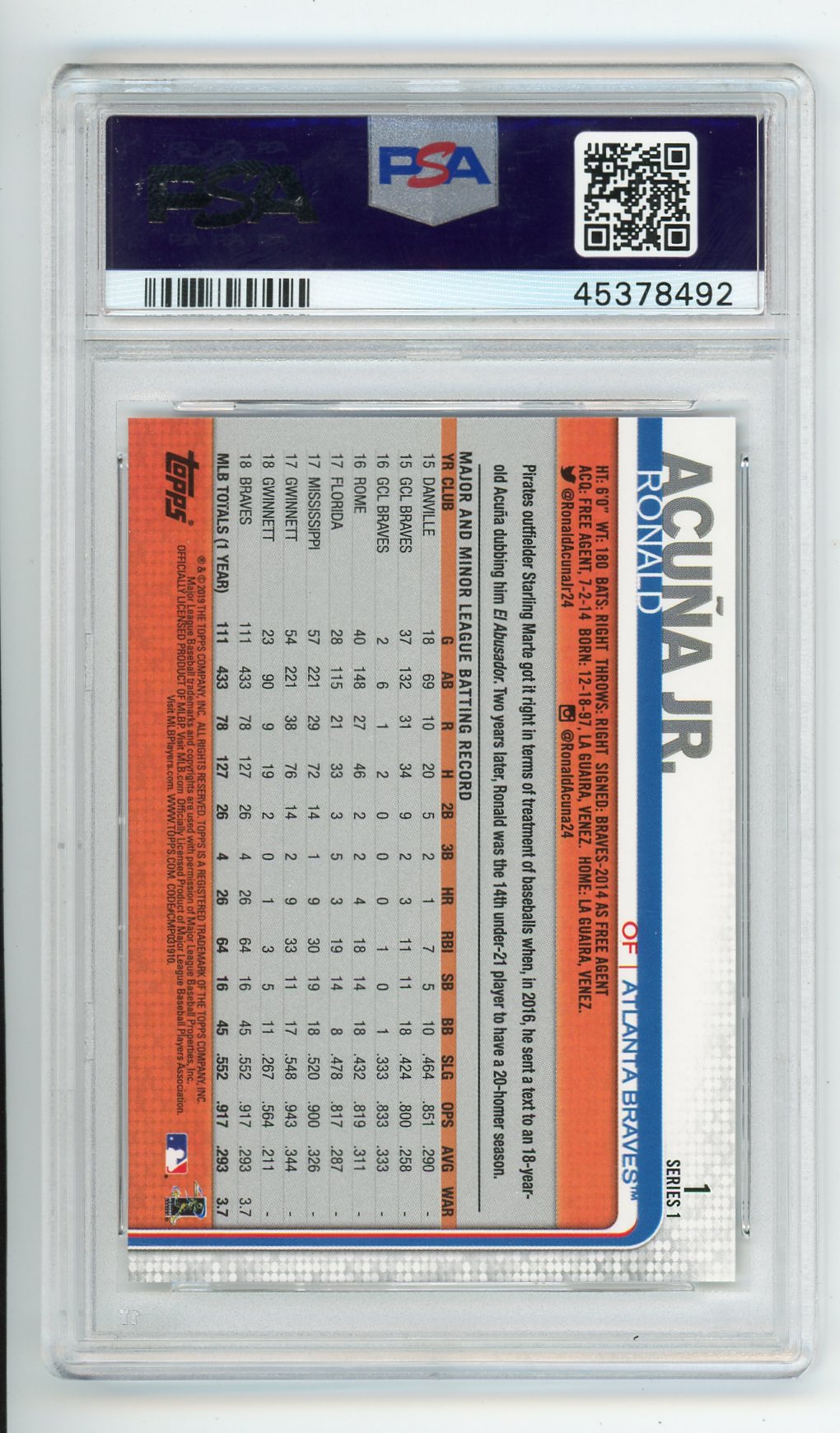 Ronald Acuna Jr. 2019 Topps 582 Montgomery Club PSA 10 #1