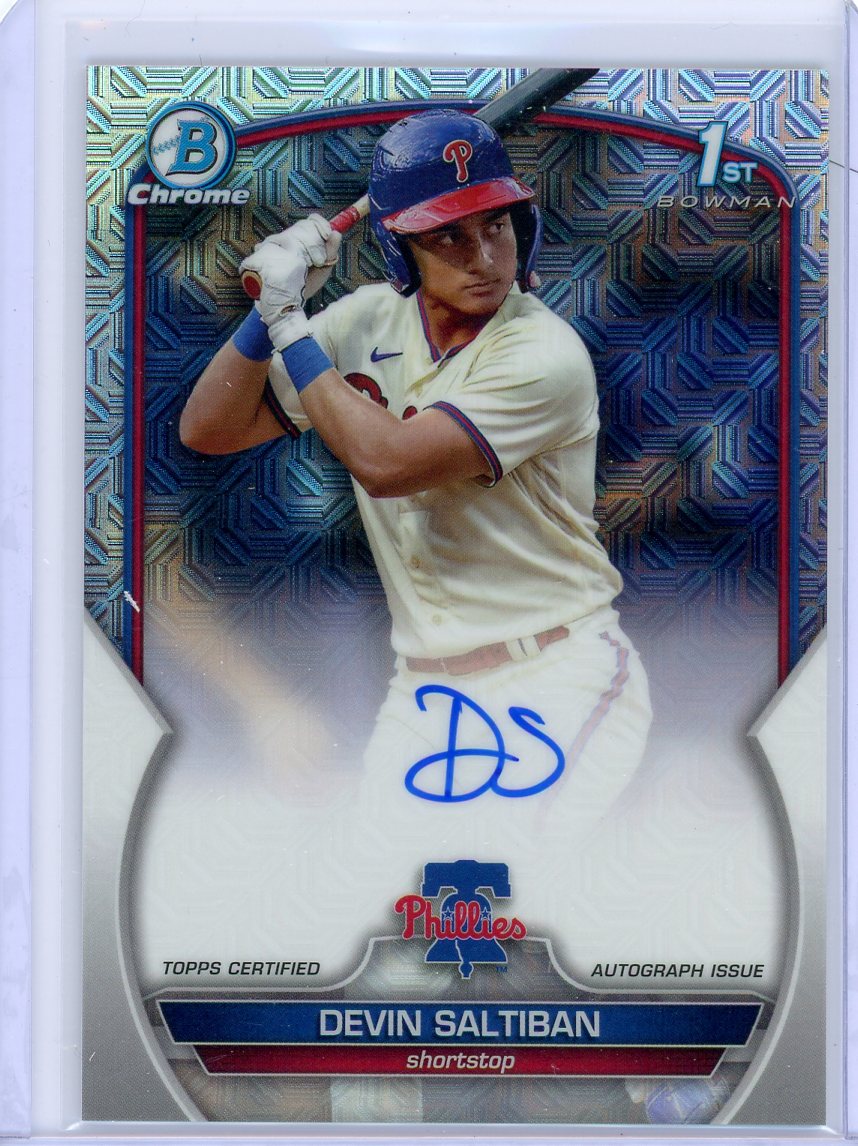 Devin Saltiban 2023 1st Bowman Chrome Draft mojo refractor autograph #'d 069/150