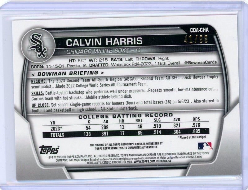 Calvin Harris 2023 1st Bowman Chrome Draft green lava refractor autograph 