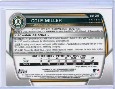 Cole Miller 2023 1st Bowman Chrome Draft gold wave autograph #'d 13/50
