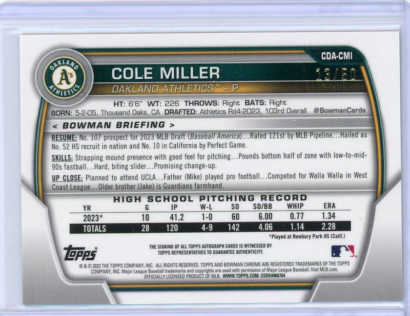Cole Miller 2023 1st Bowman Chrome Draft gold wave autograph 