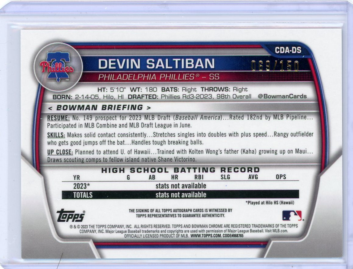 Devin Saltiban 2023 1st Bowman Chrome Draft mojo refractor autograph #'d 069/150