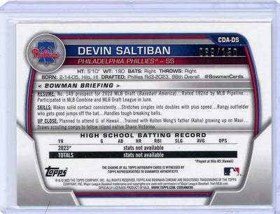 Devin Saltiban 2023 1st Bowman Chrome Draft mojo refractor autograph #'d 069/150